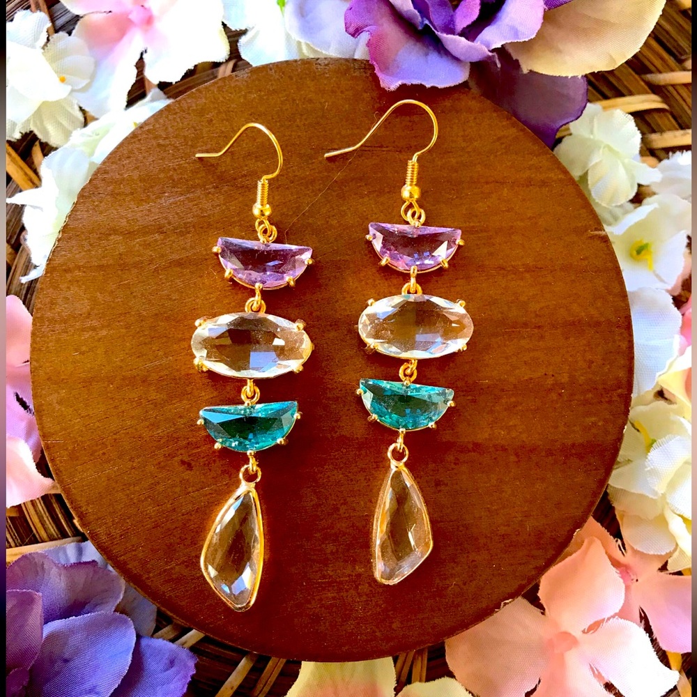 Colorful Dangle Rhinestone Statement Earrings 💜 - Picture 4 of 5